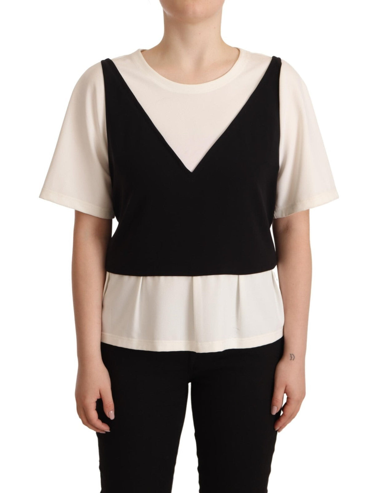 Boutique Moschino Black White Polyester Short Sleeves Top Blouse