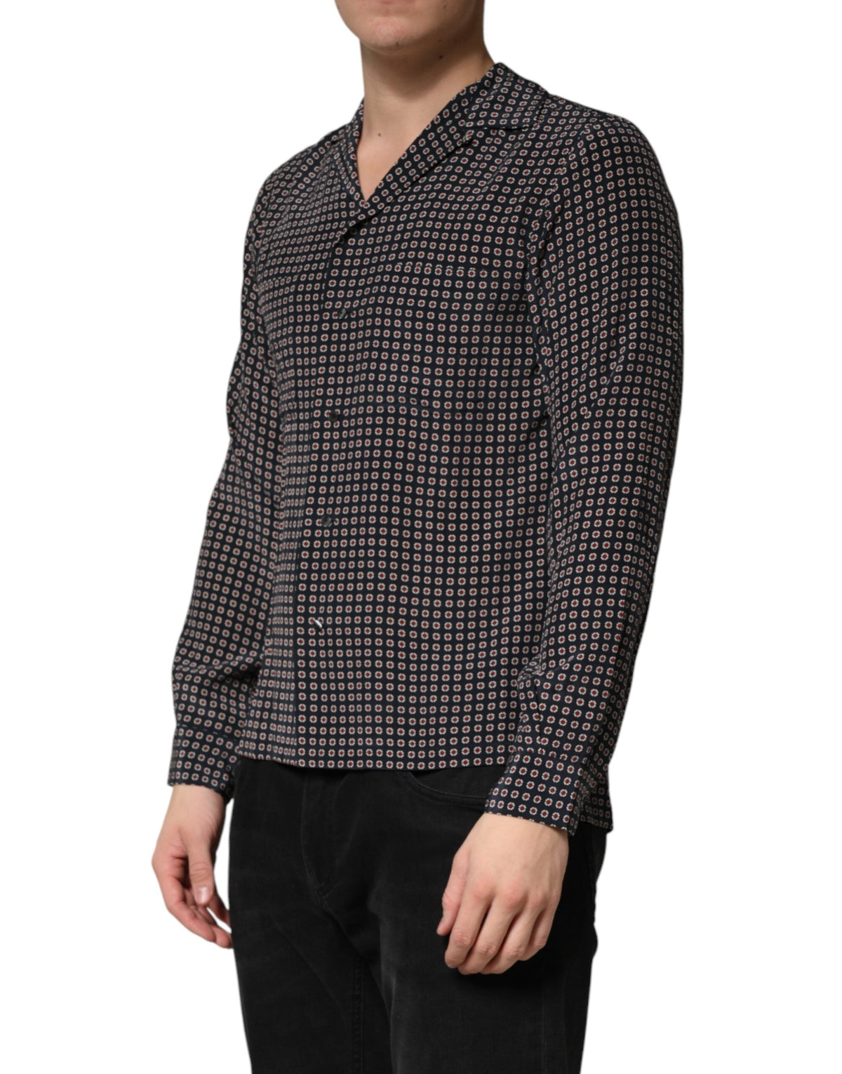Dolce & Gabbana Black Patterned Silk Men Button Down Shirt