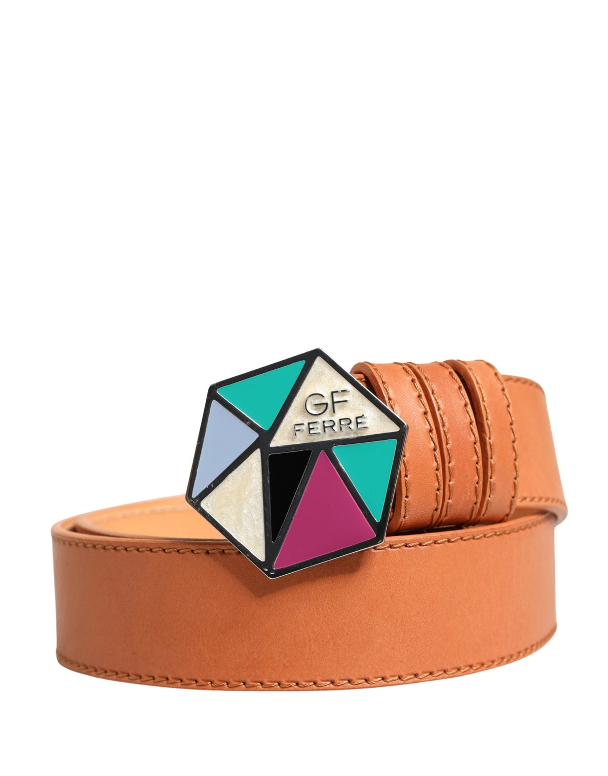 GF Ferre Orange Leather Hexagon Metal Buckle Waist Women Belt