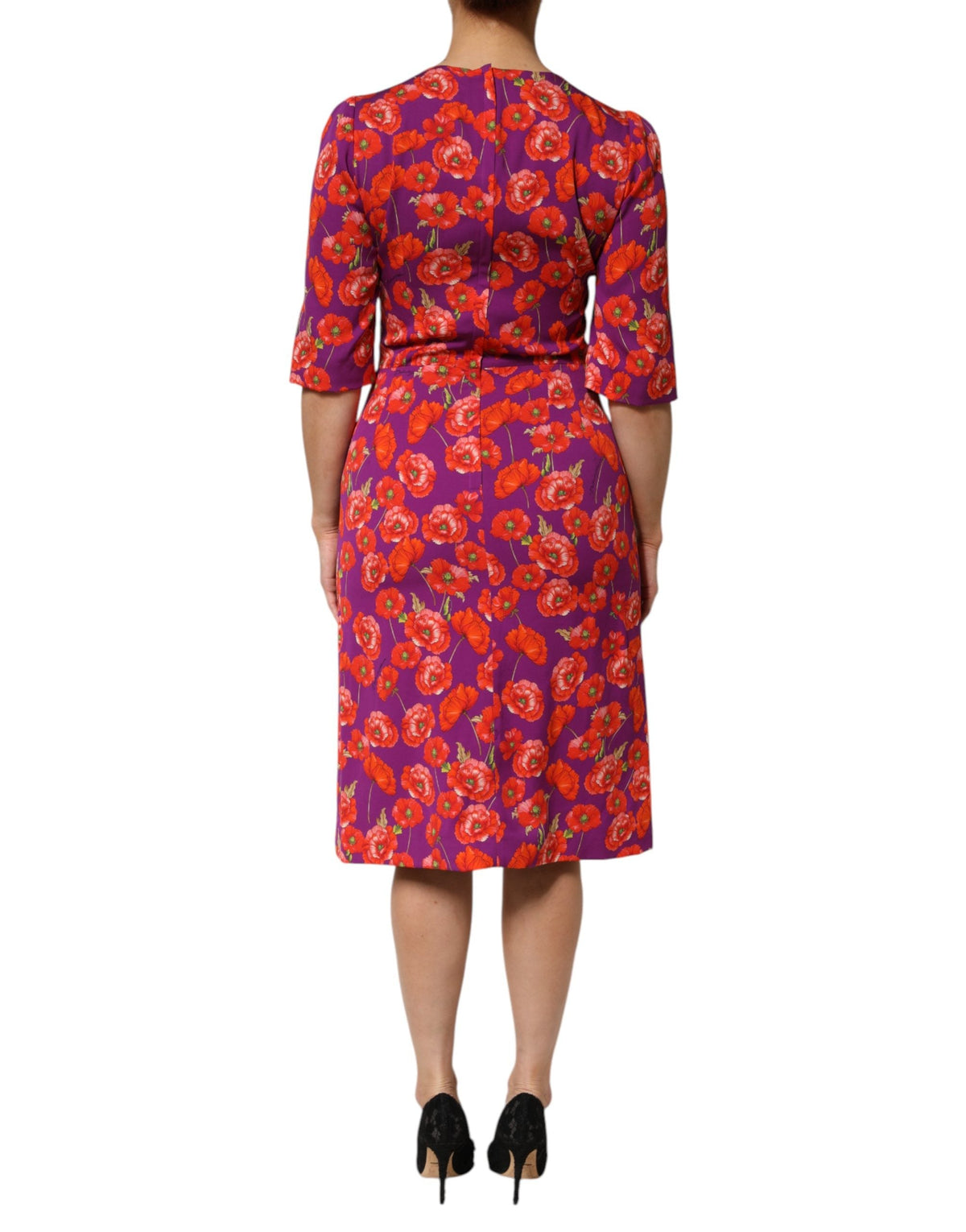 Dolce & Gabbana Purple Silk Floral Print Midi Sheath Dress