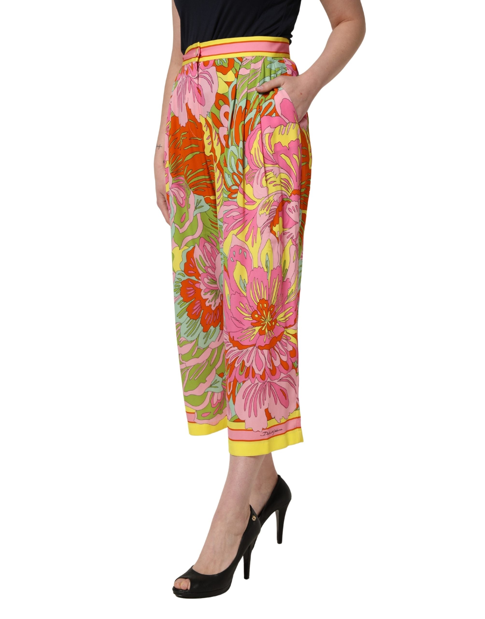 Multicolor FloralPrint Cropped Trouser Pants