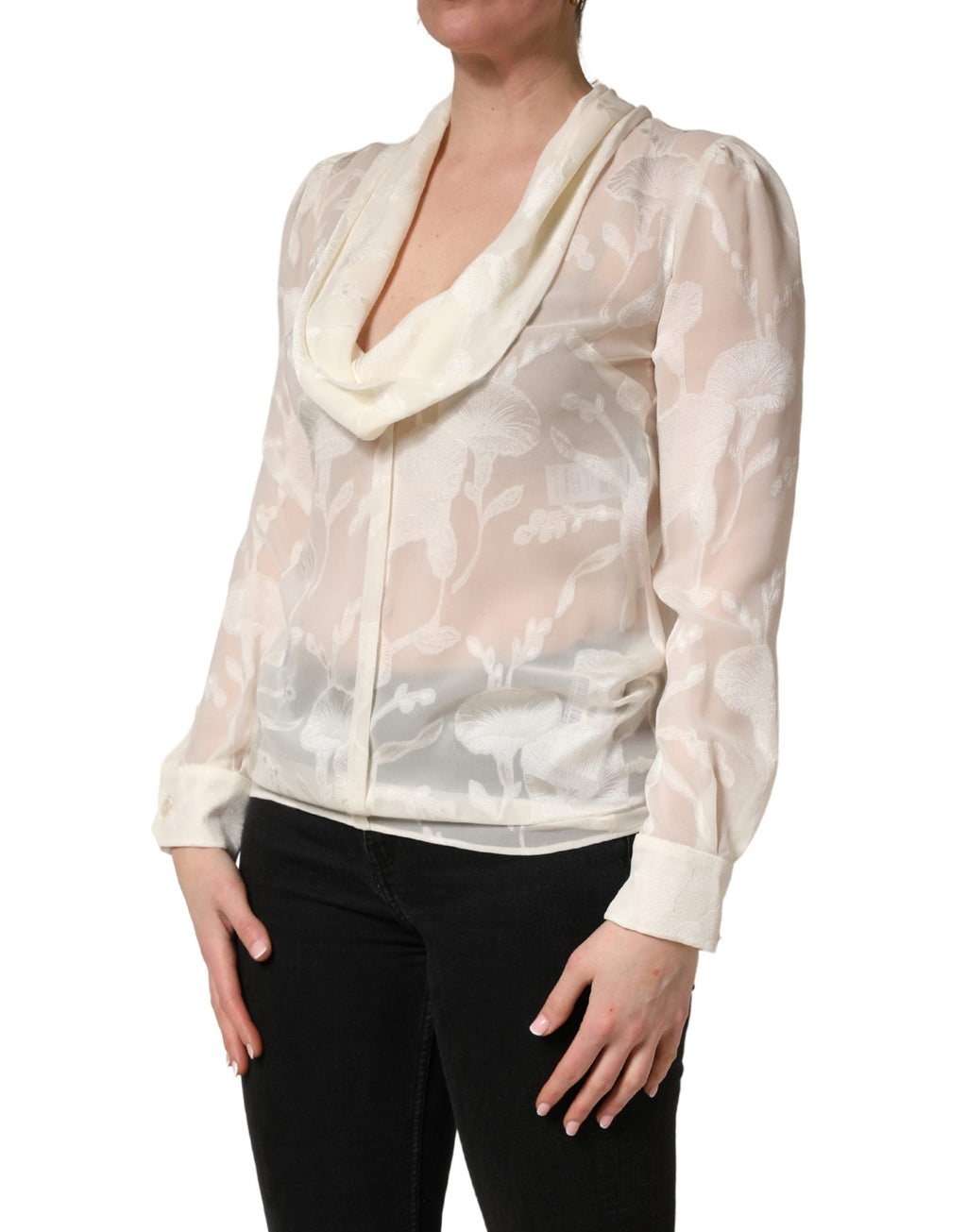 Dolce & Gabbana Off White Floral Semi Sheer Silk Blouse Top