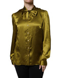 Dolce & Gabbana Green Satin Long Sleeve Ascot Tie Shirt Top