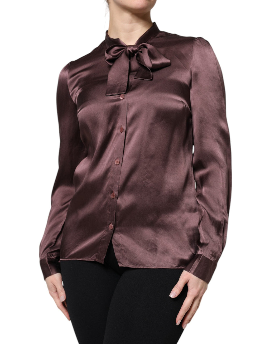 Dolce & Gabbana Violet Satin Long Sleeve Ascot Tie Shirt  Top
