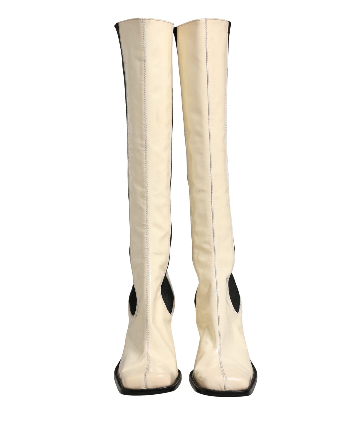 Dolce & Gabbana White Black Leather Knee High Boots Shoes