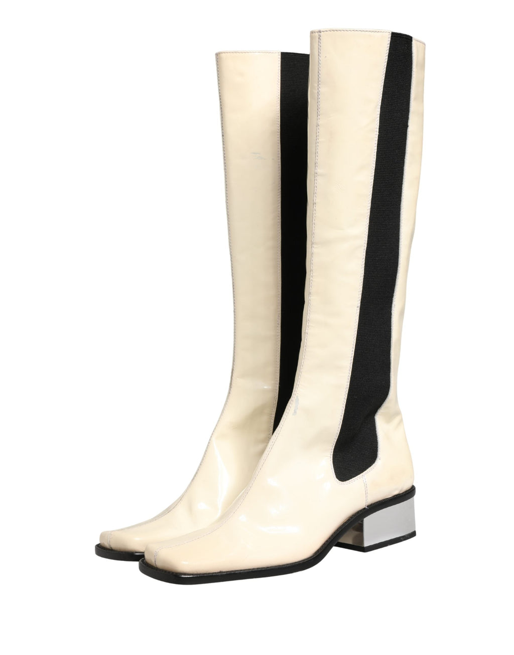 Dolce & Gabbana White Black Leather Knee High Boots Shoes
