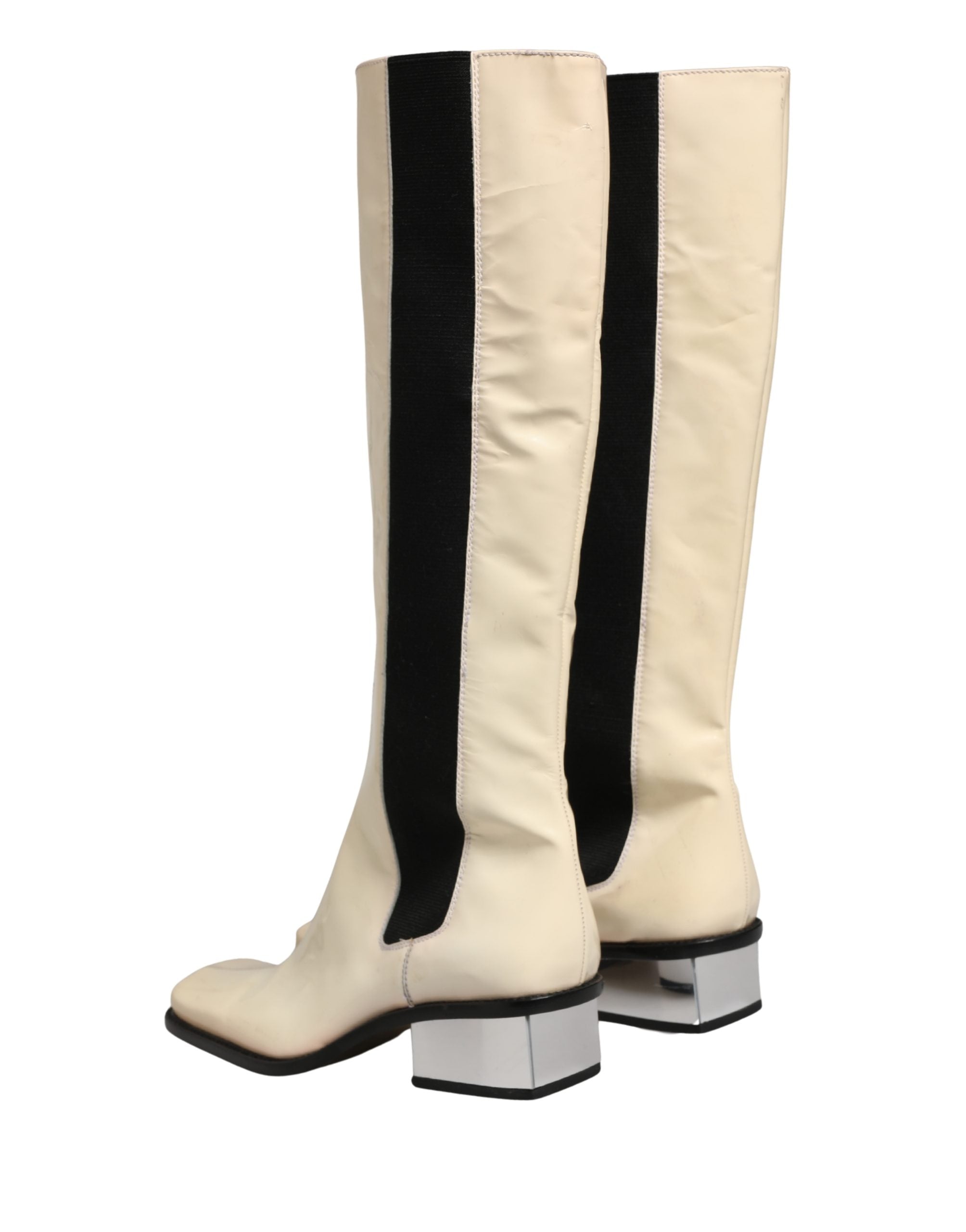White Black Leather Knee High Boots Shoes