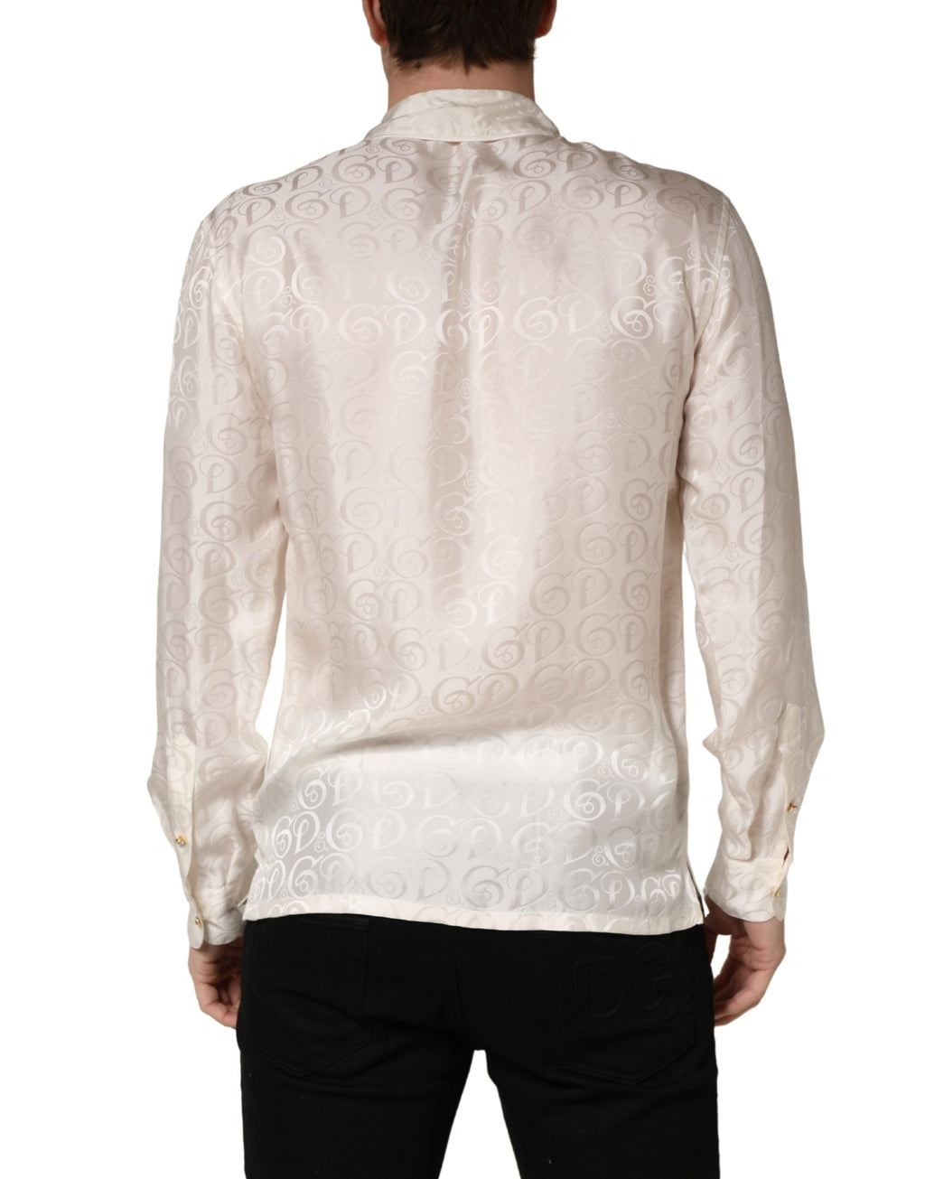 Dolce & Gabbana White Silk Long Sleeve Tonal Logo Print Shirt