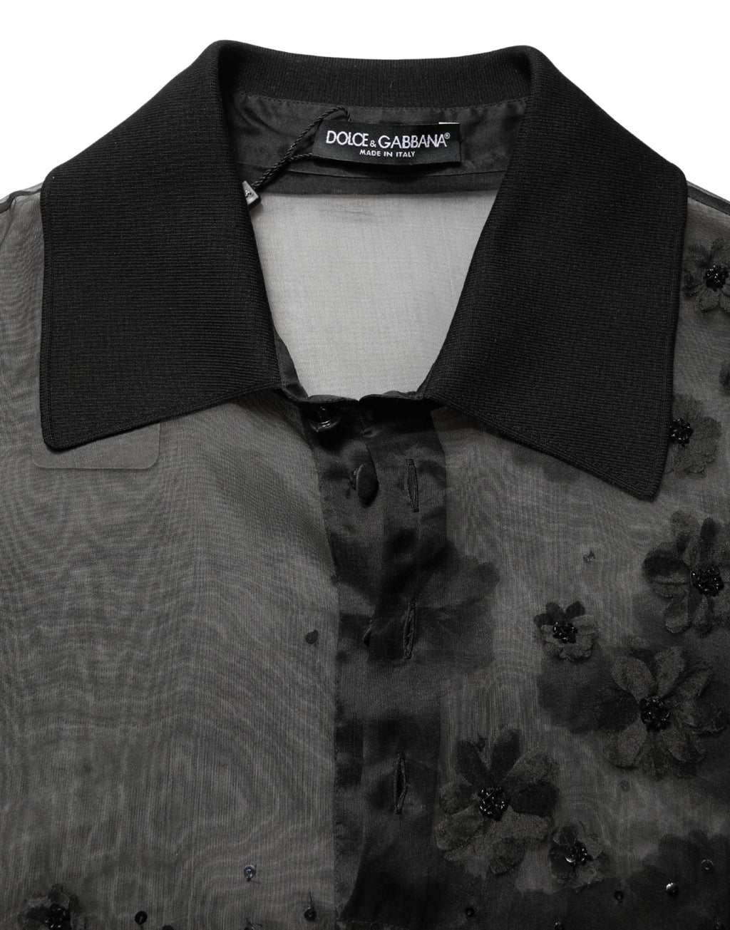 Dolce & Gabbana Black Floral Applique Sheer Short Sleeve Shirt