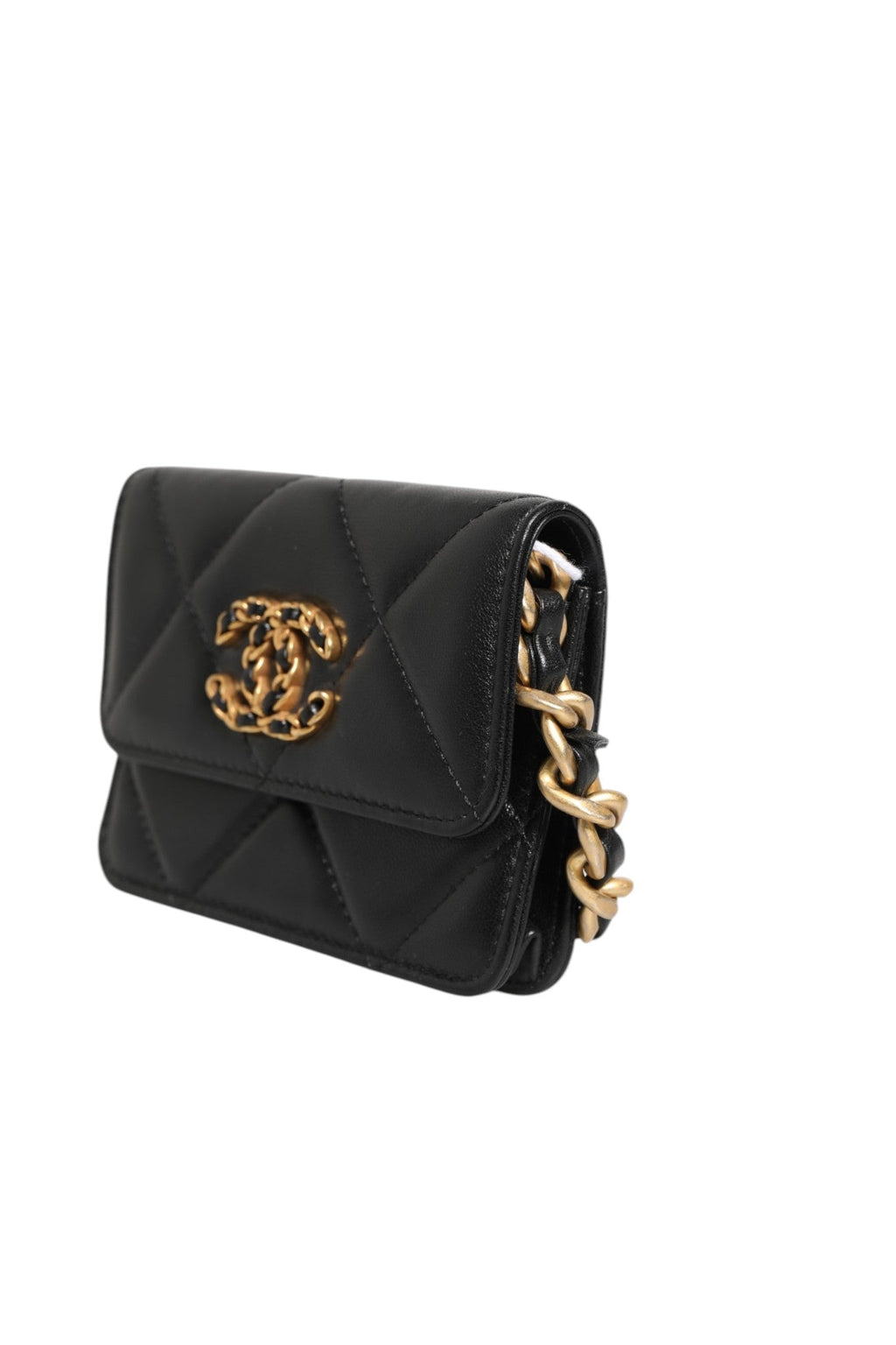 Chanel 19 Flap Coin Purse Quilted Leather Black Crossbody