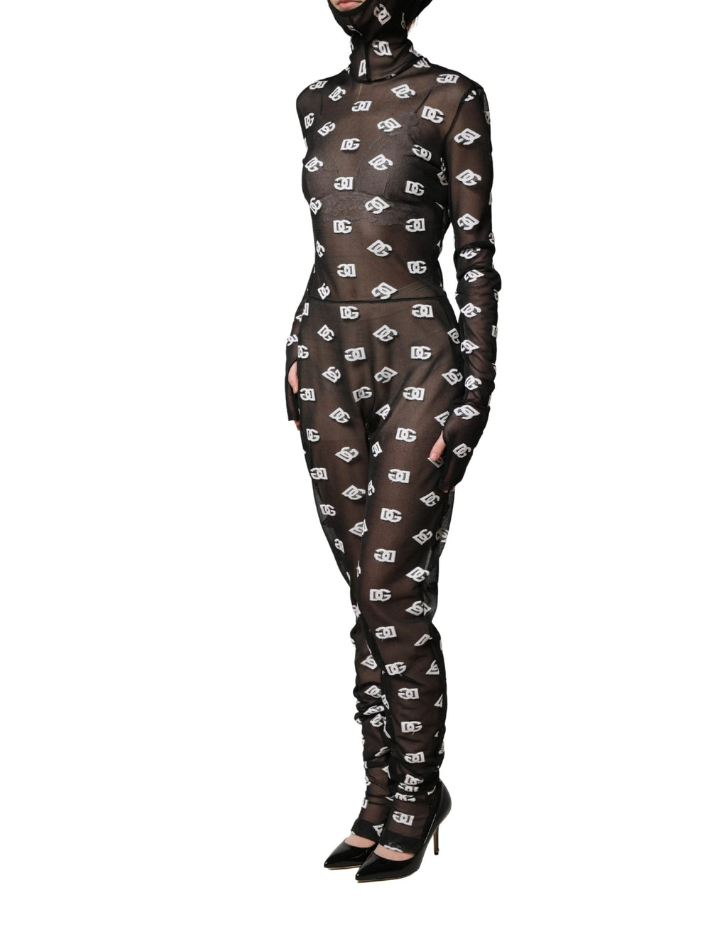 Dolce & Gabbana Black White Logo Print Hooded Jumpsuit Dress