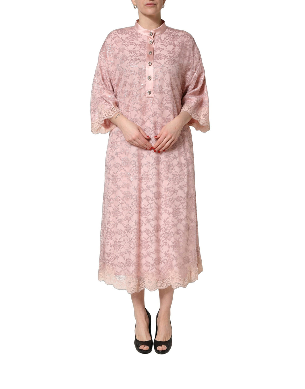 Dolce & Gabbana Pink Corded Floral Lace Kaftan Midi Dress