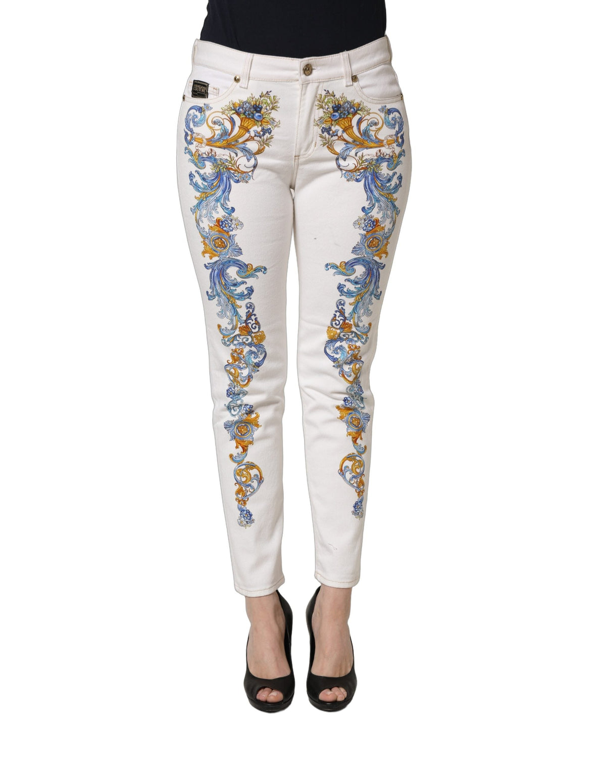 Versace Jeans Couture White Floral Print Skinny Denim Jeans