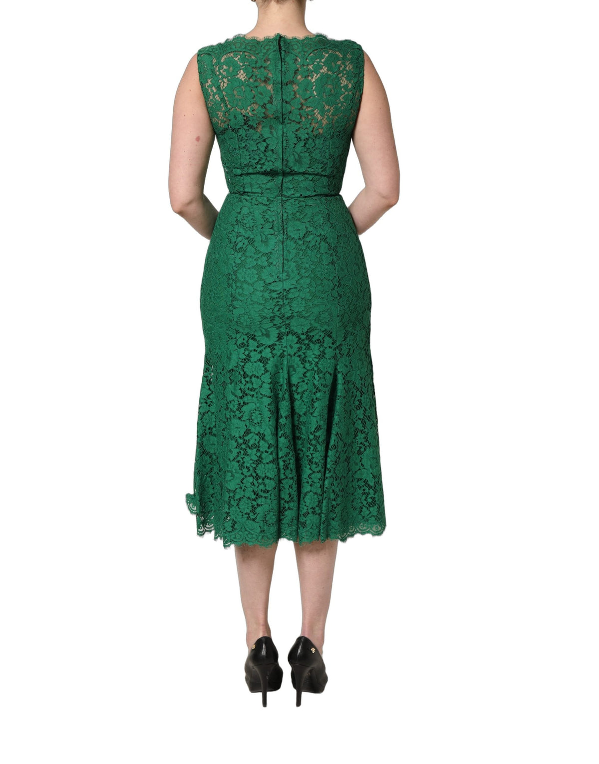 Dolce & Gabbana Green Floral Lace Cotton Sleeveless Midi Dress