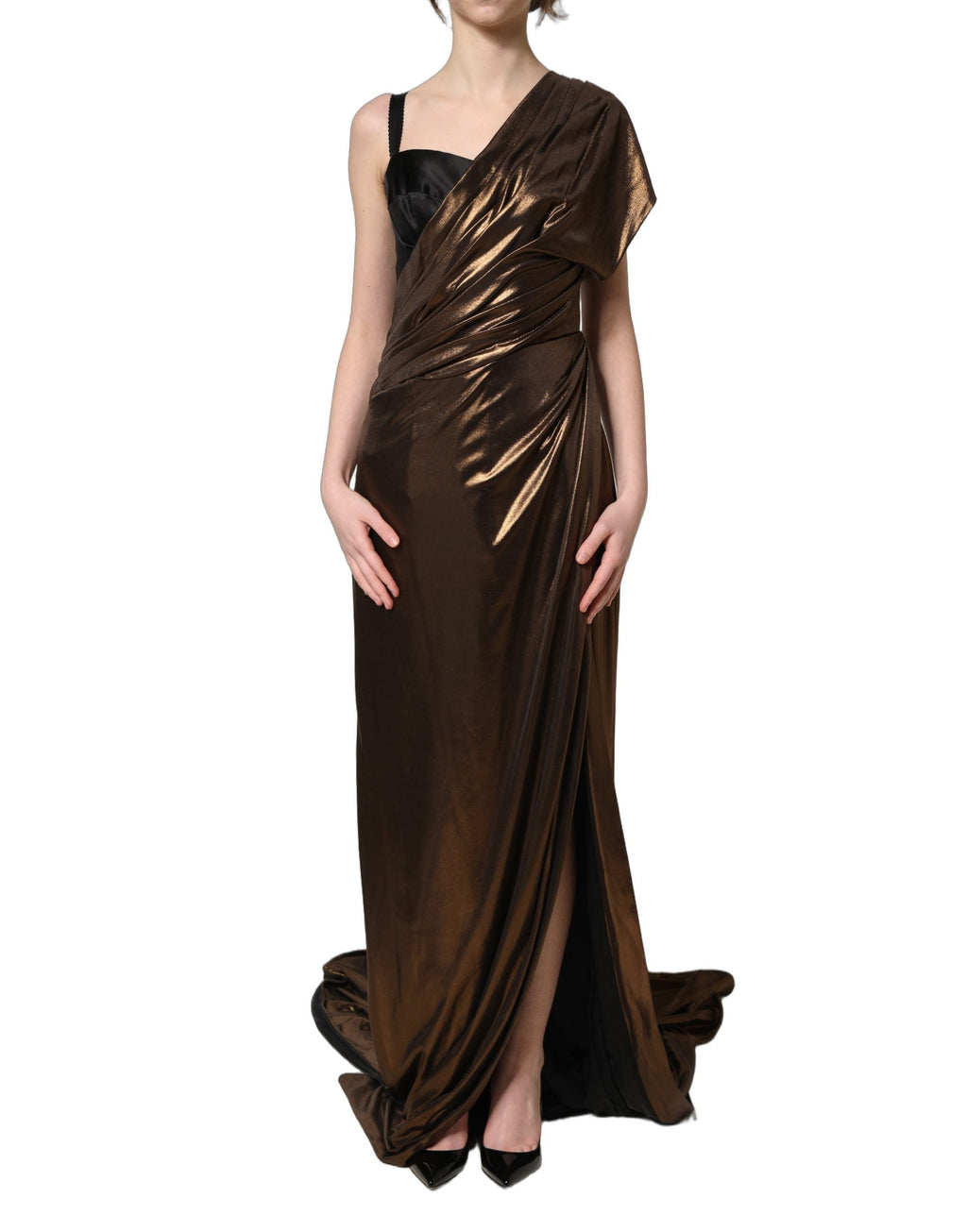 Dolce & Gabbana Bronze Asymmetrical Draping OneShoulder Dress