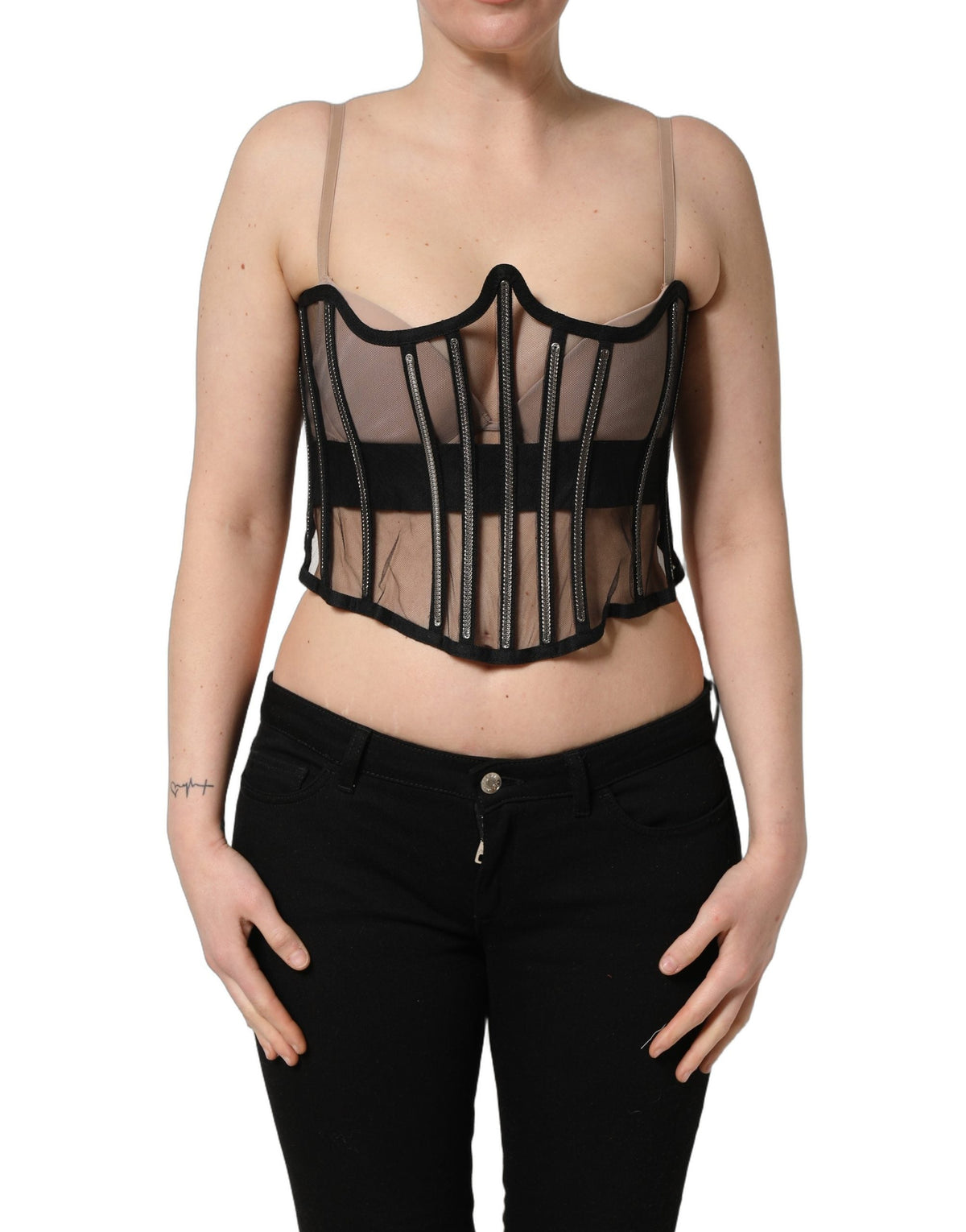Dolce & Gabbana Black Sheer Tulle Bodysuit Cropped Corset Top
