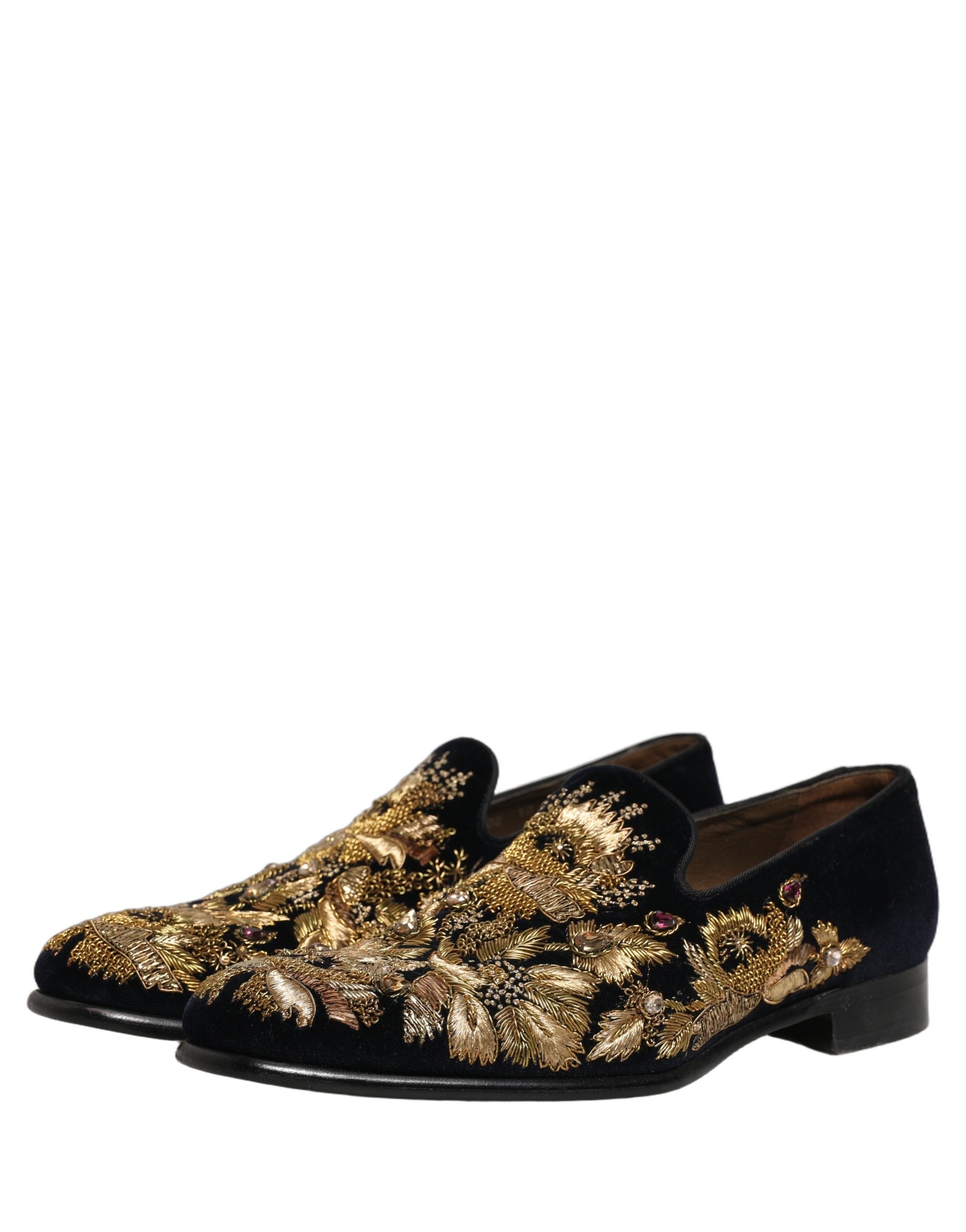 Dolce & Gabbana Black Gold Embroidery Dress Loafers Shoes