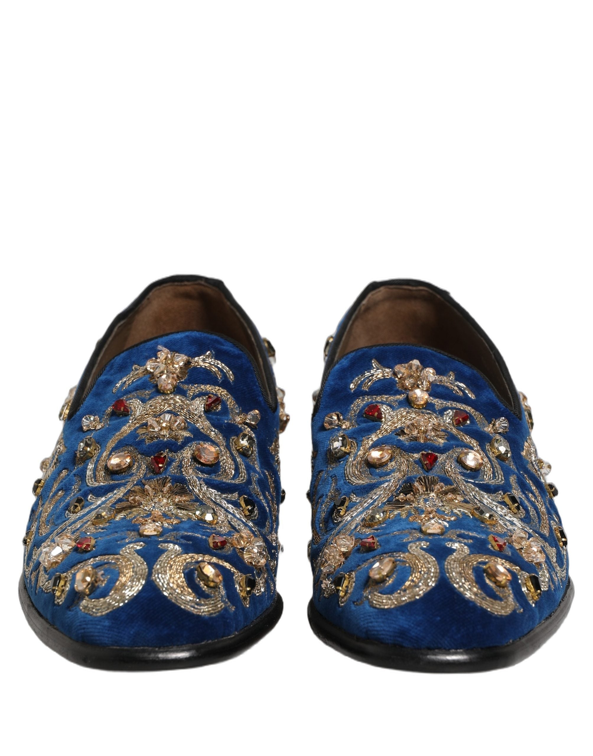 Dolce & Gabbana Blue Velvet Embellished Dress Loafers Shoes