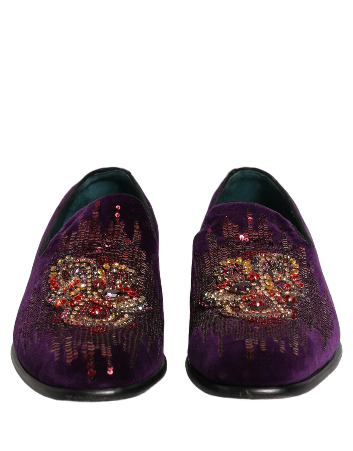 Dolce & Gabbana Violet Velvet Rhinestone Sequin Loafers Shoes