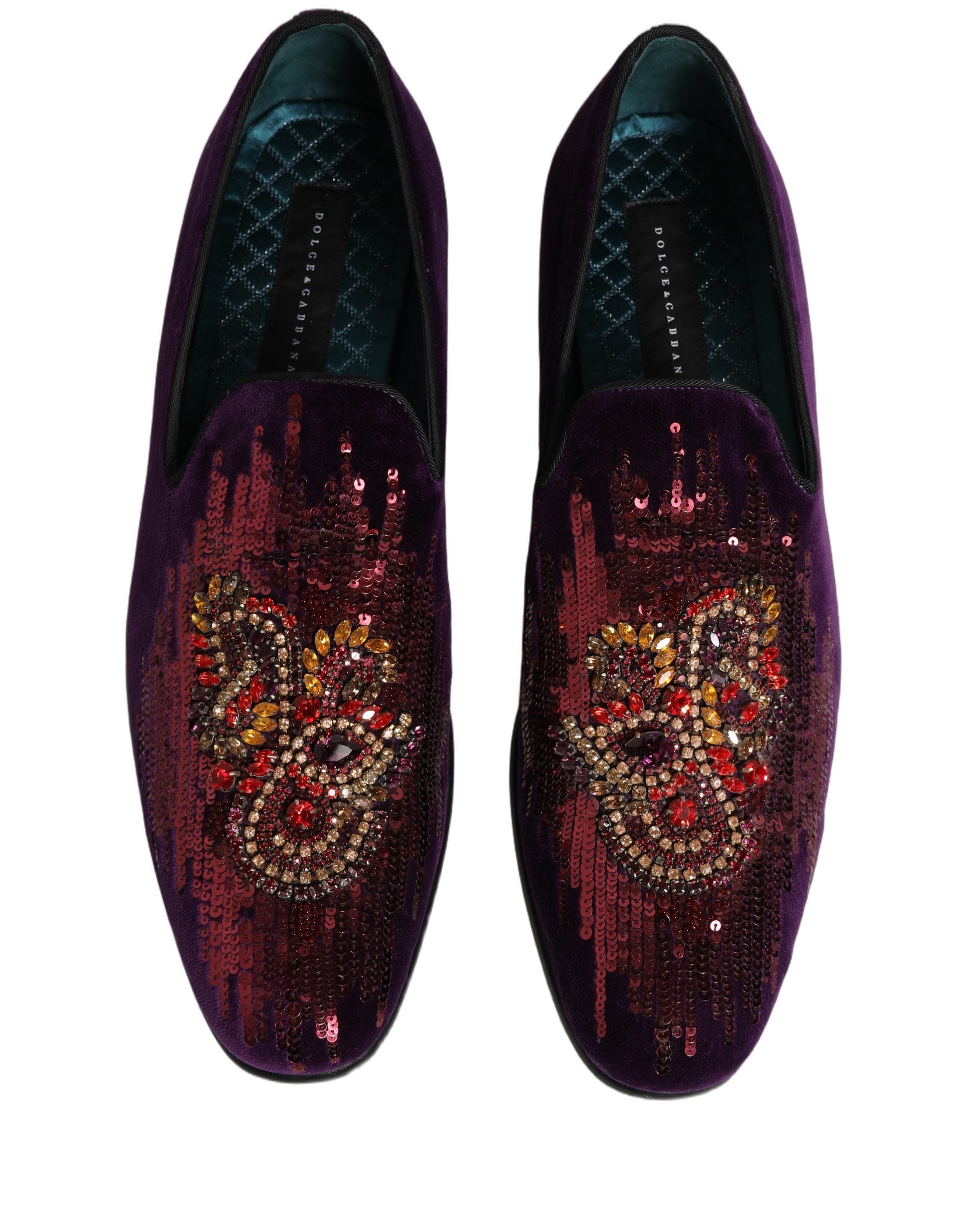 Dolce & Gabbana Violet Velvet Rhinestone Sequin Loafers Shoes