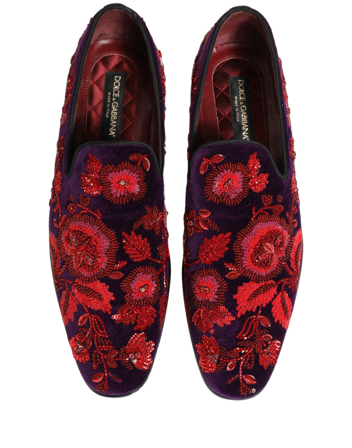 Dolce & Gabbana Violet Red Bead Embellished Loafers Shoes