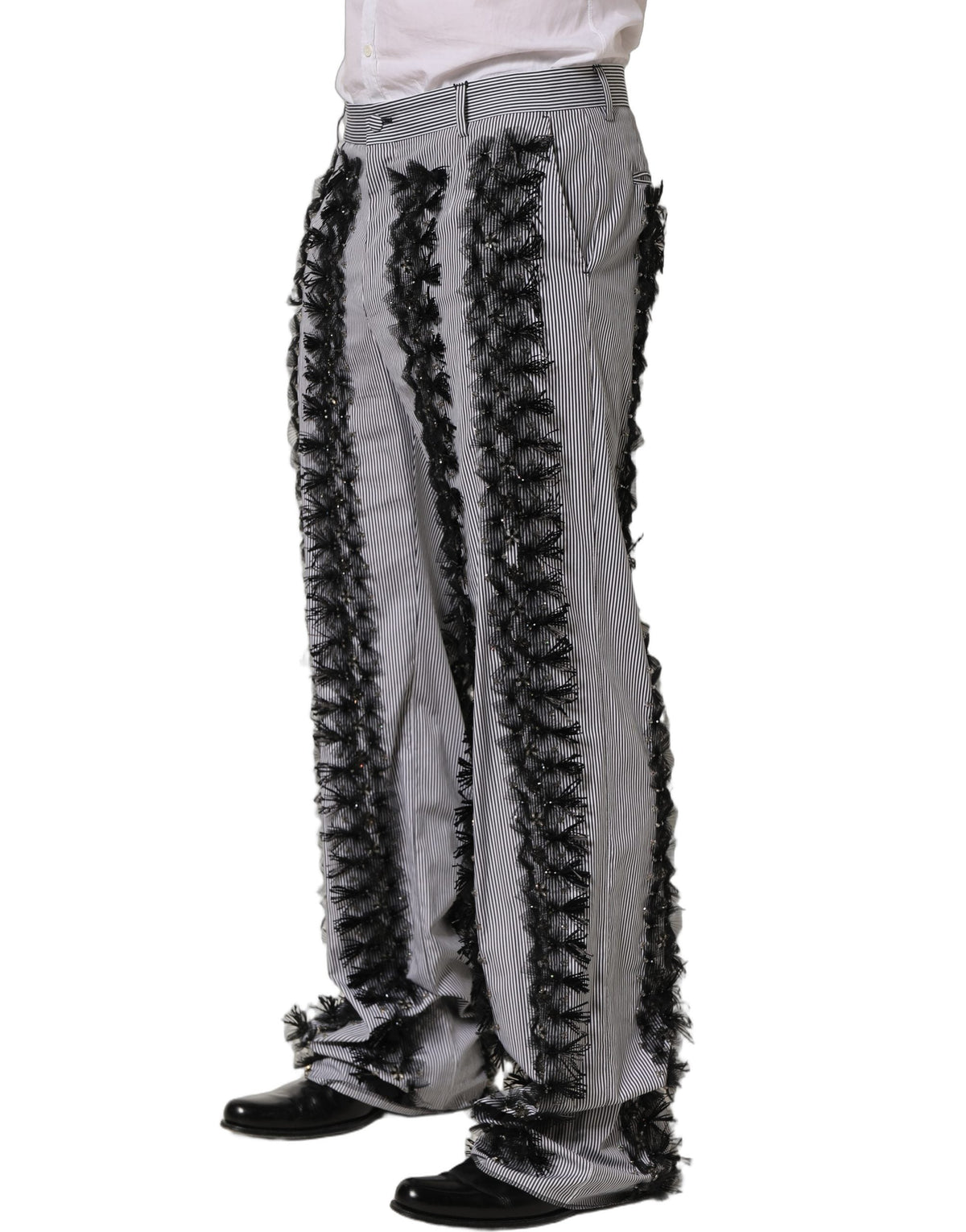 Dolce & Gabbana BlackGray Pinstripe Embellished Trouser Pants