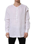 Dolce & Gabbana White Linen Logo Long Sleeves Casual Shirt