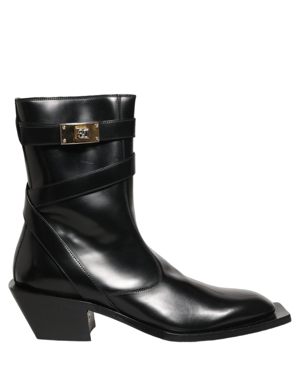 Dolce & Gabbana Black Leather DG Plaque Mid Calf Boots Shoes