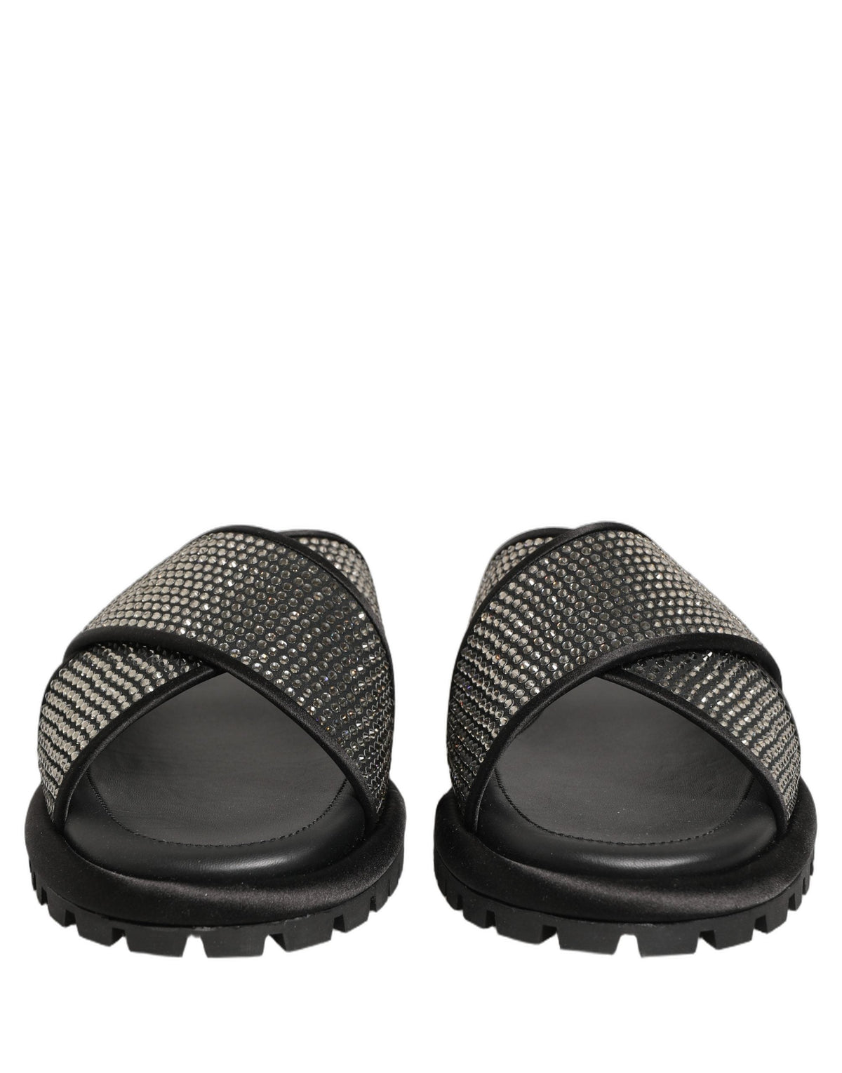 Dolce & Gabbana Black Strass Criss Cross Slide Sandals Shoes
