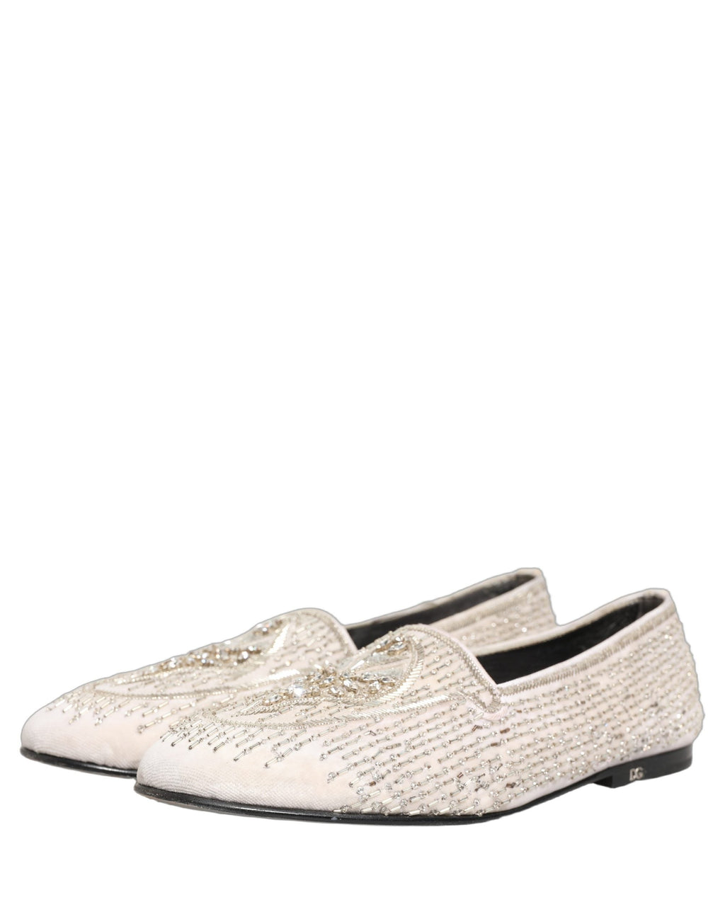 Dolce & Gabbana White Satin Embellished Dress Loafers Shoes