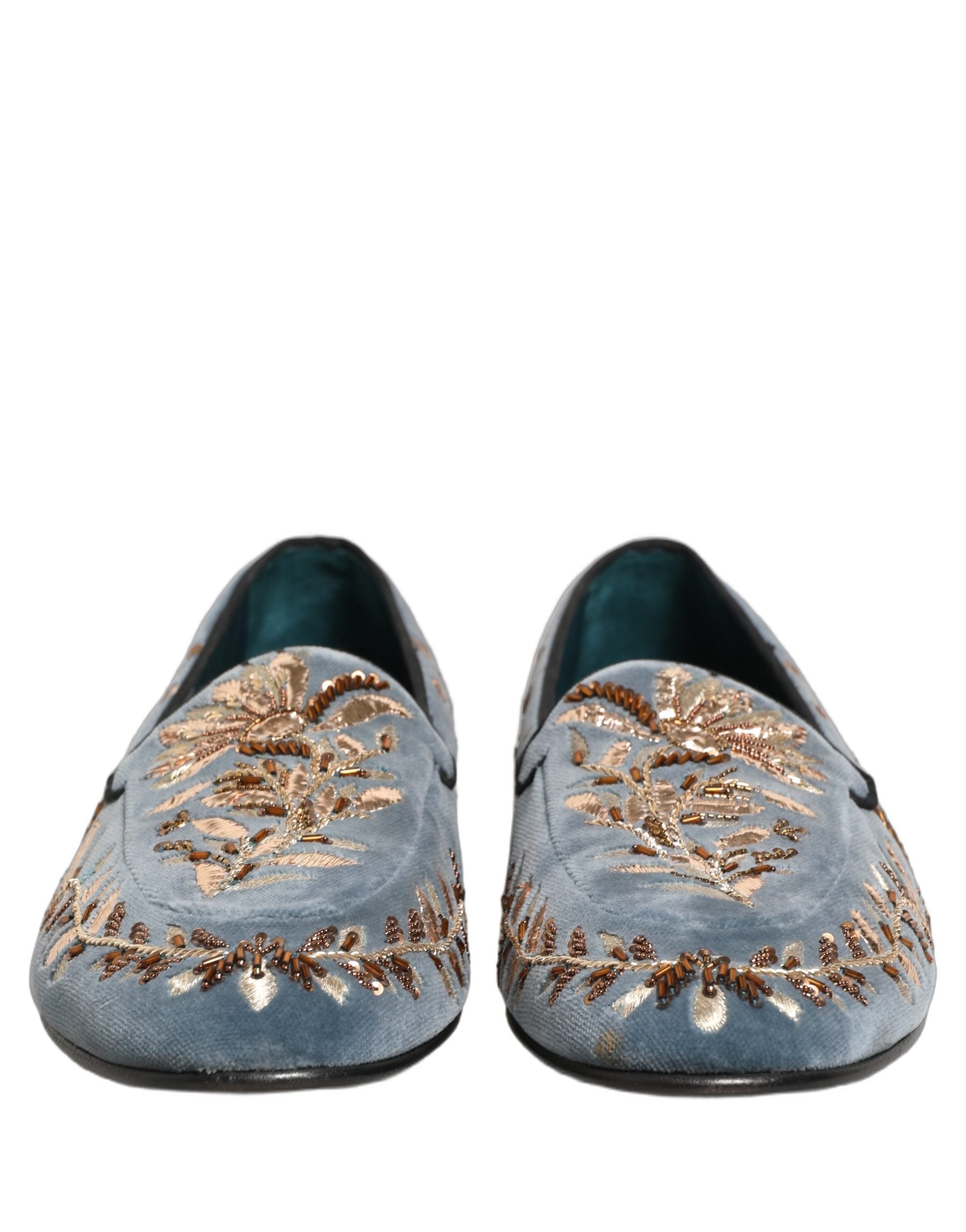 Dolce & Gabbana Blue Velvet Embellished Dress Loafers Shoes