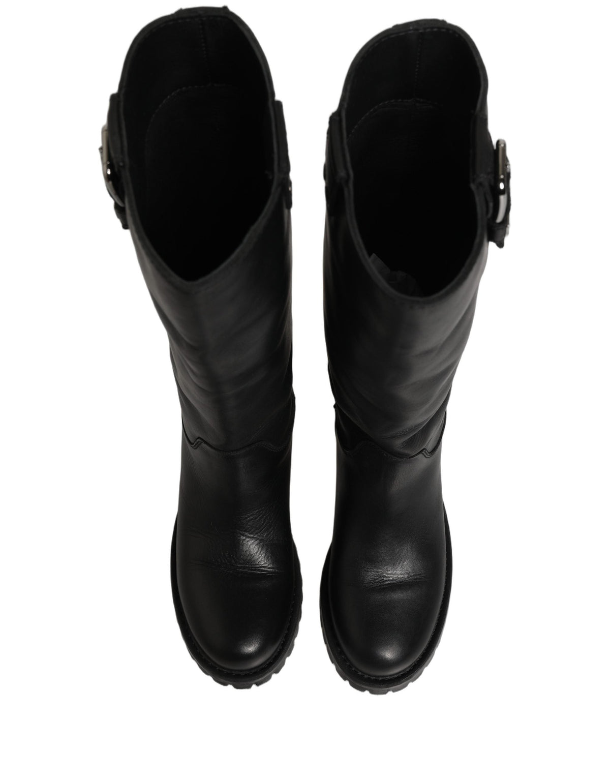 Dolce & Gabbana Black Leather Buckle Detail Mid Calf Boots Shoes