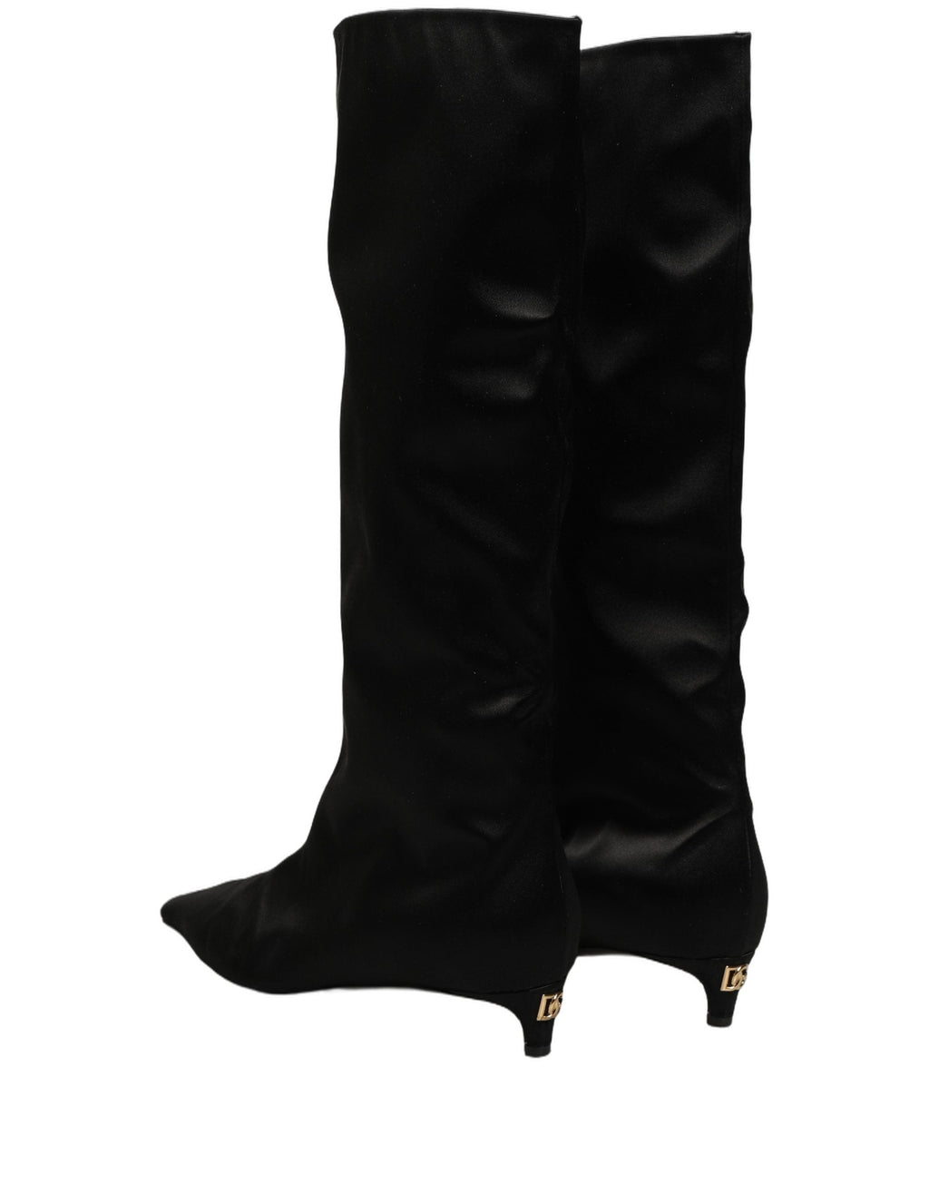 Dolce & Gabbana Black Satin Knee High Kitten Boots Shoes
