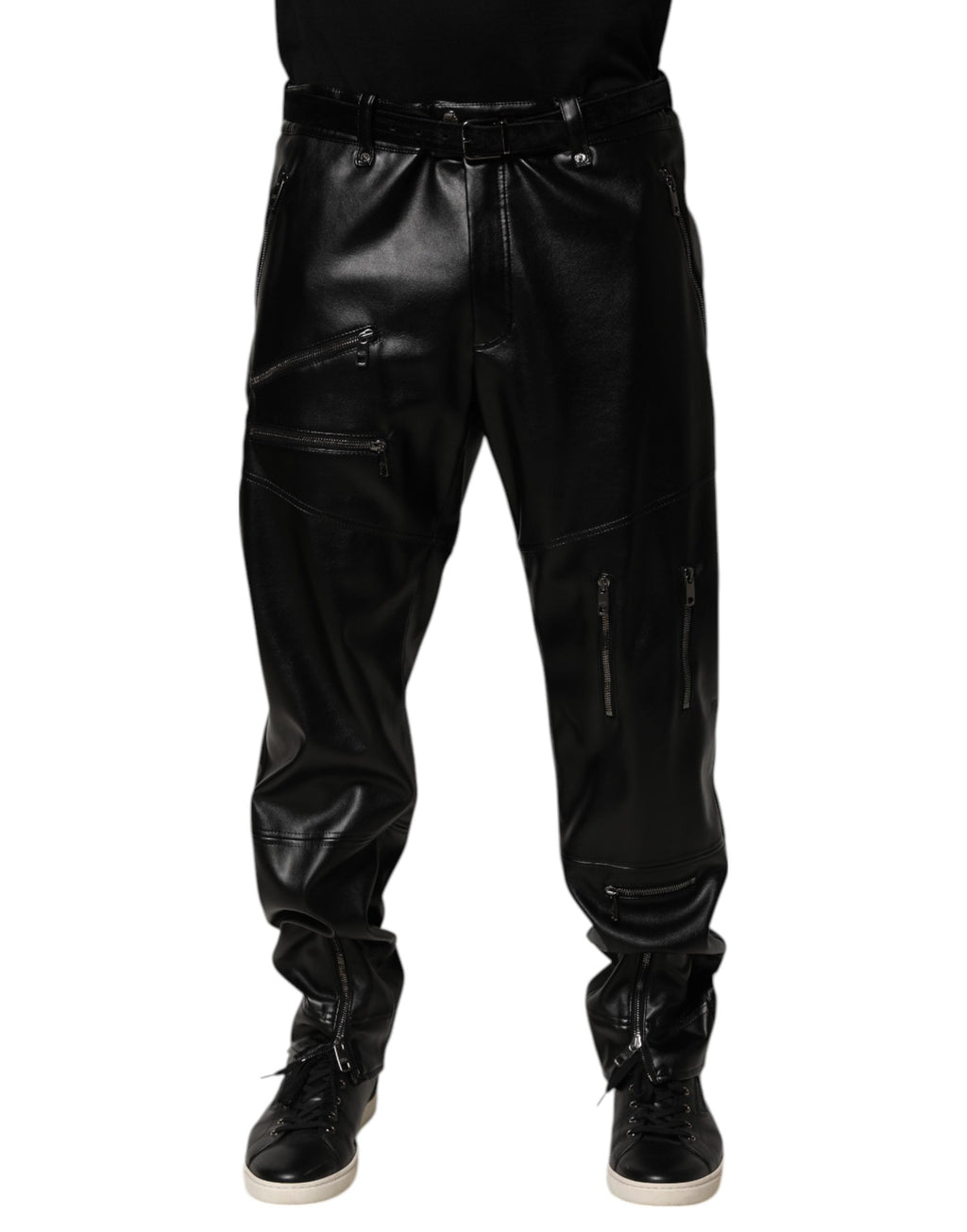 Dolce & Gabbana Black PU Leather Zipper Men Trouser Pants
