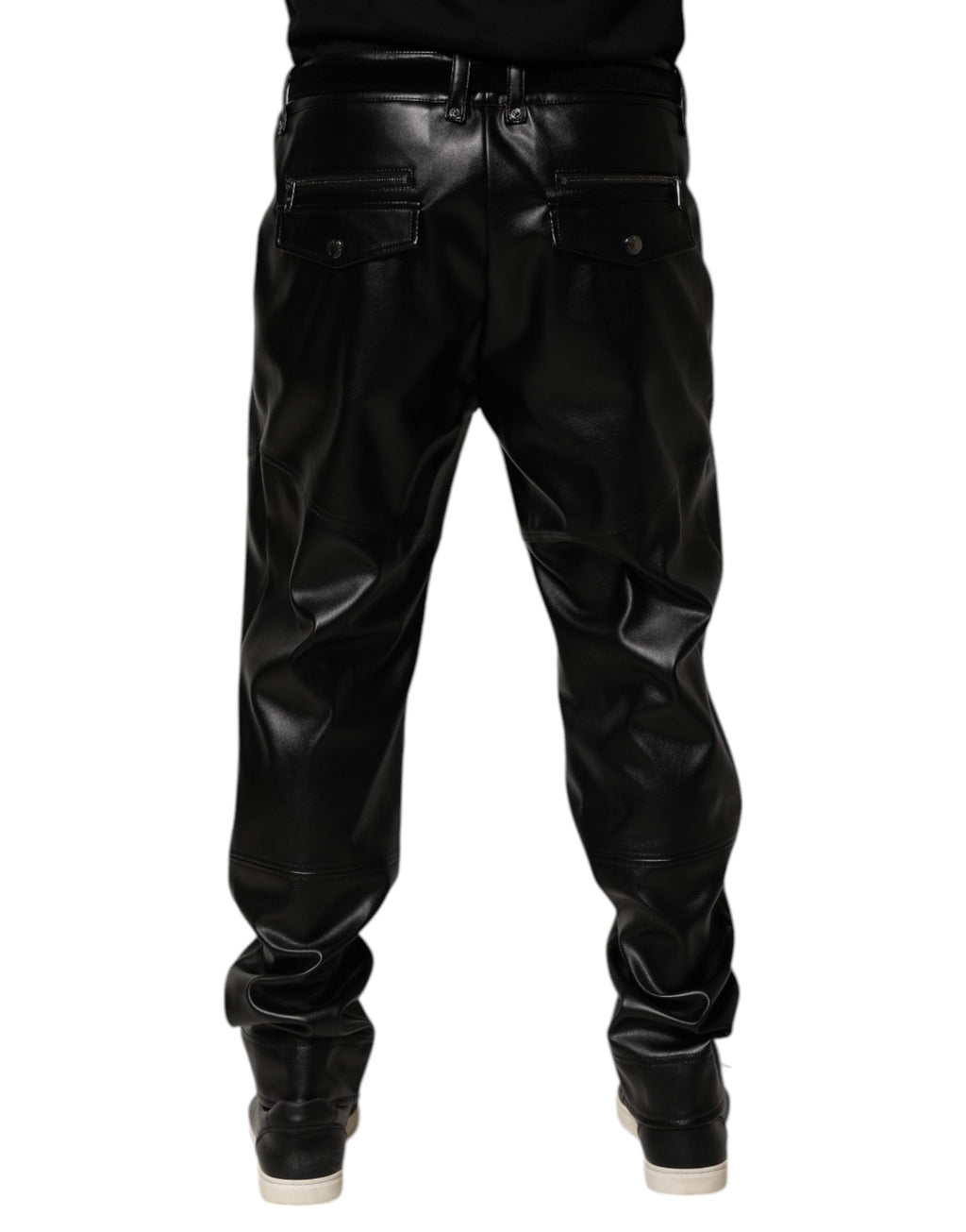 Dolce & Gabbana Black PU Leather Zipper Men Trouser Pants