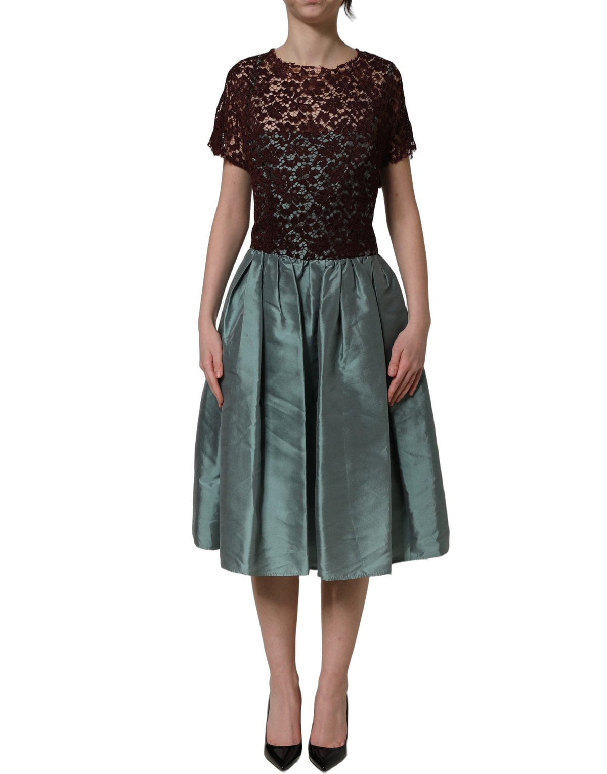 Dolce & Gabbana Multicolor Floral Lace Taffeta Pleated Midi Dress
