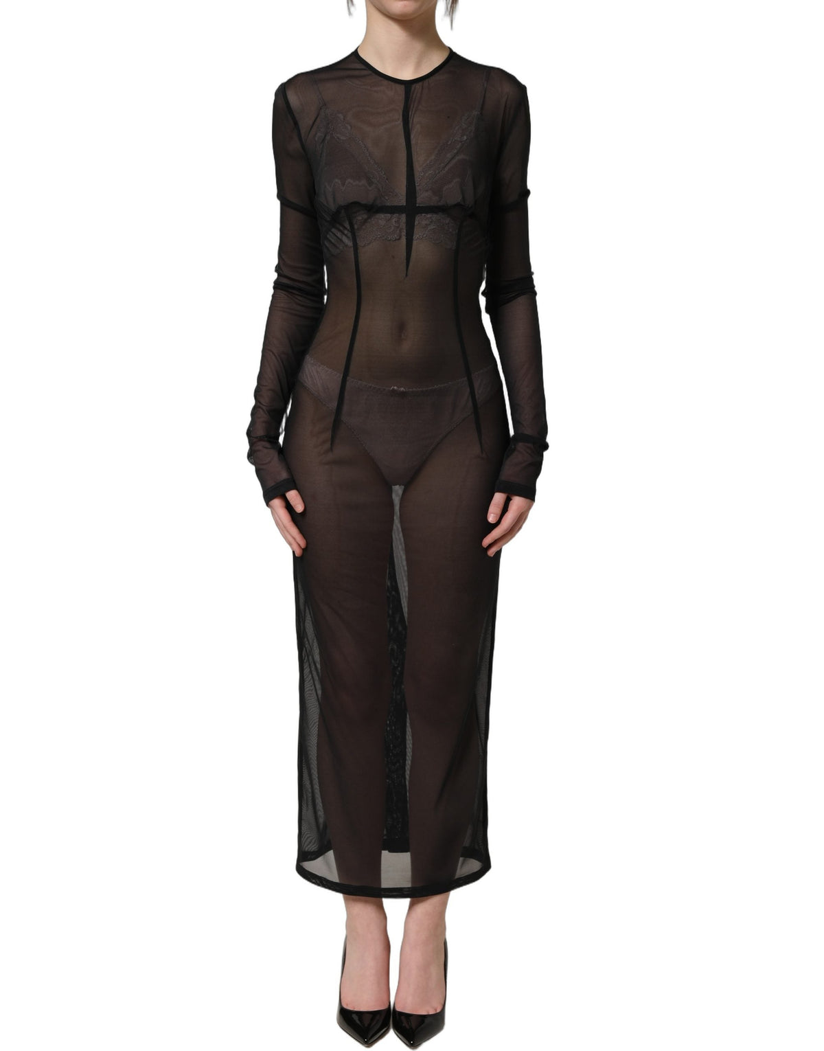 Dolce & Gabbana Black Long Sleeve Sheer Fitted Maxi Dress