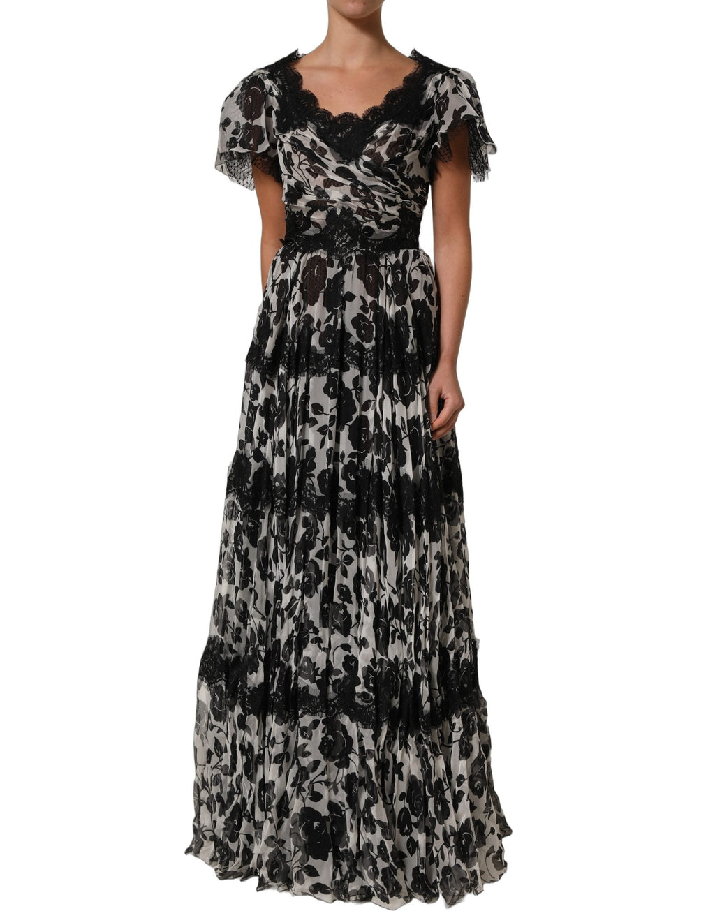Dolce & Gabbana Black Silk Floral Lace Ricamo Ball Maxi Dress
