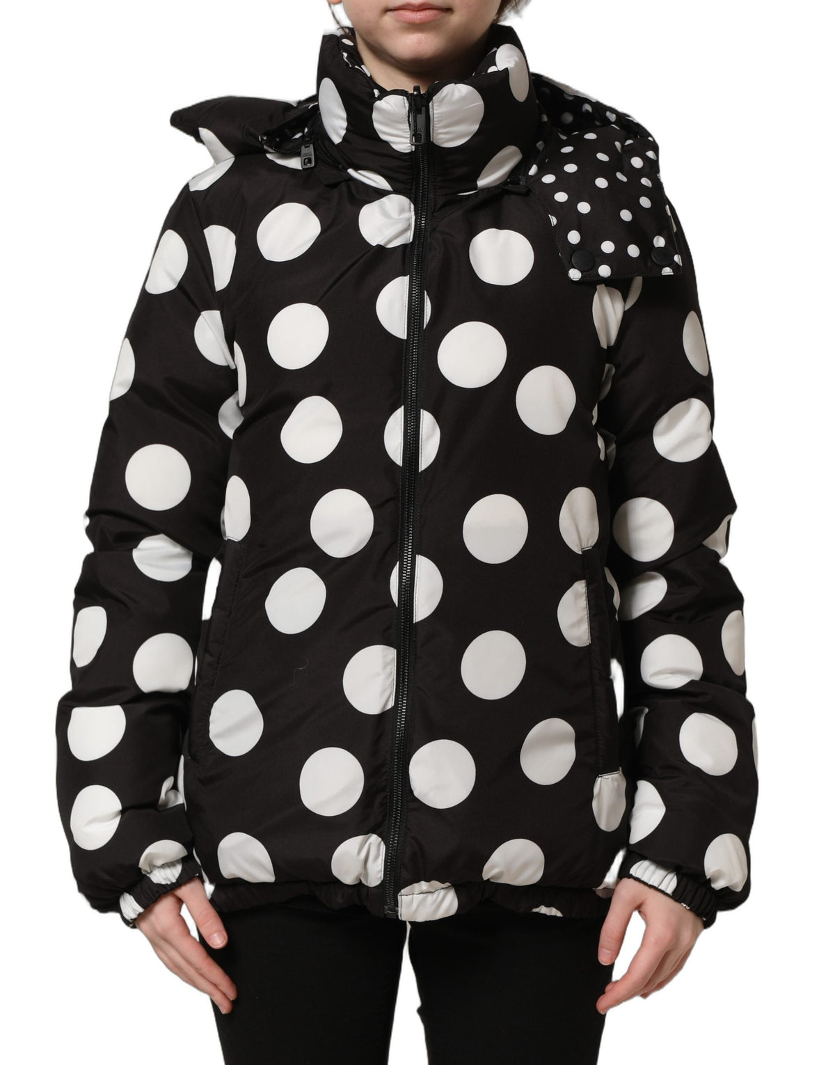 Dolce & Gabbana Black White Polka Dot Hooded Blouson Jacket