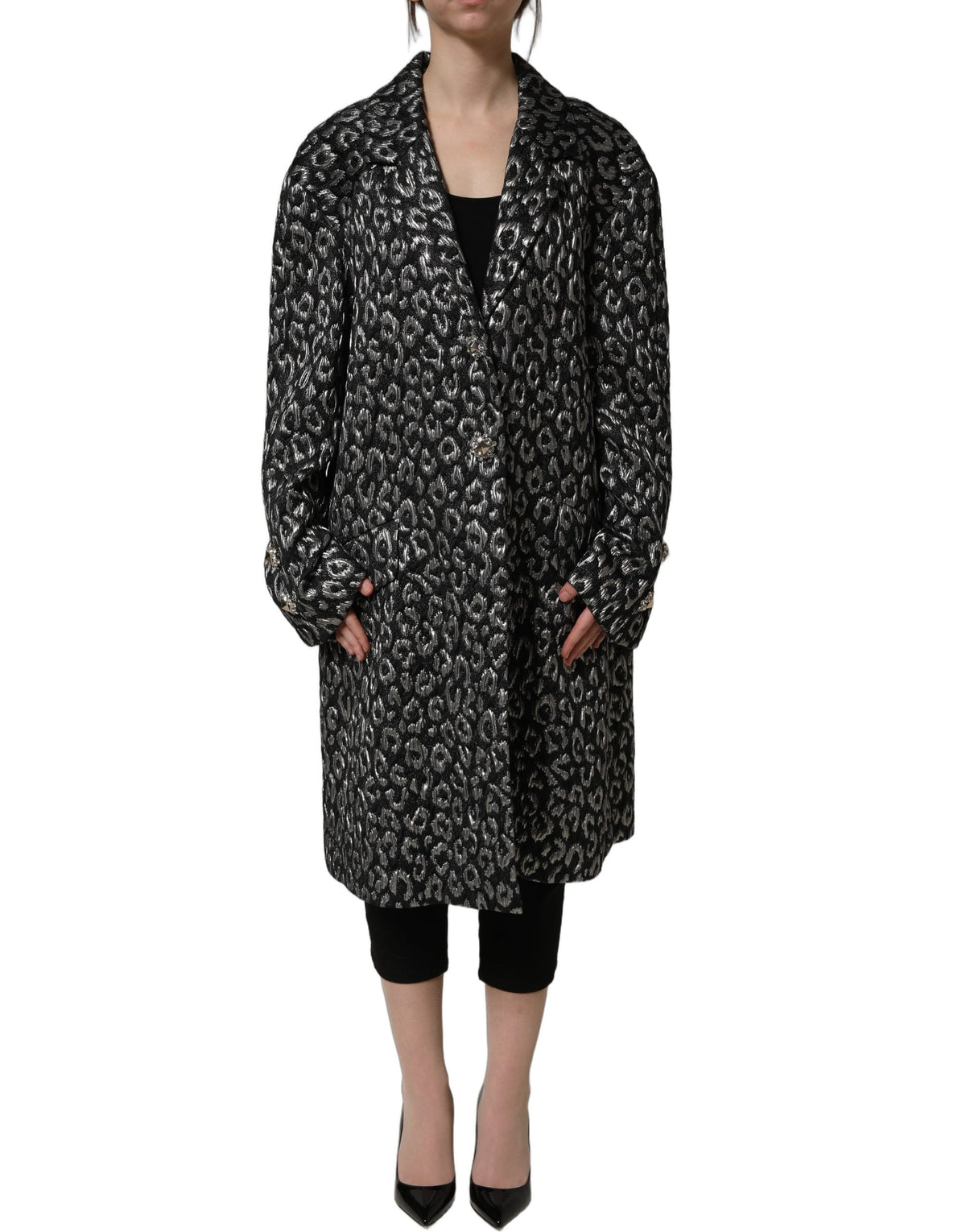 Dolce & Gabbana Black Silver Jacquard Leopard Coat Jacket