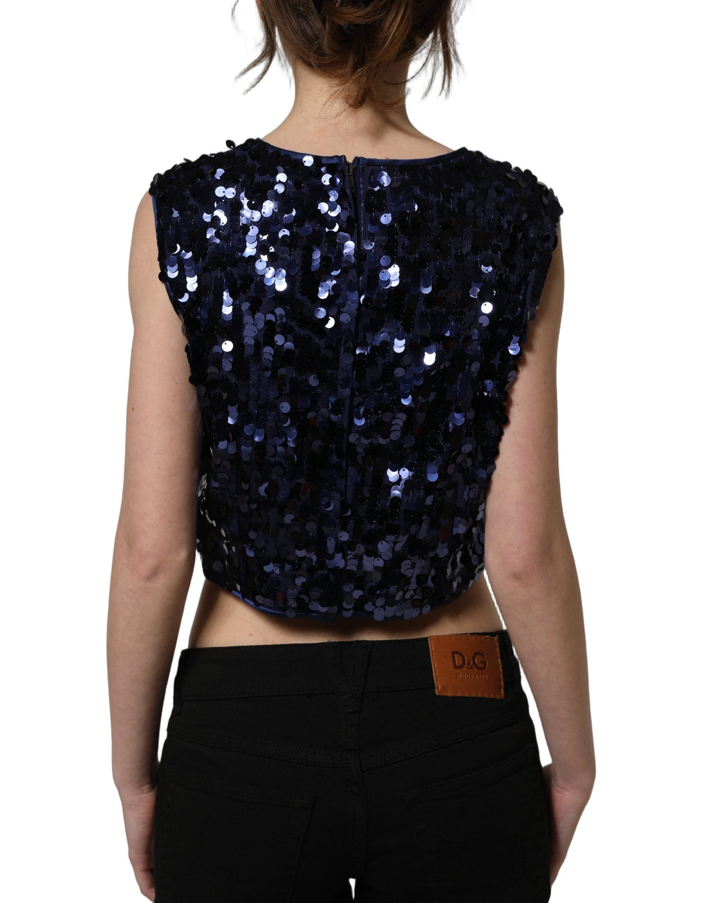 Dolce & Gabbana Blue Sequined Sleeveless Cropped Tank Top