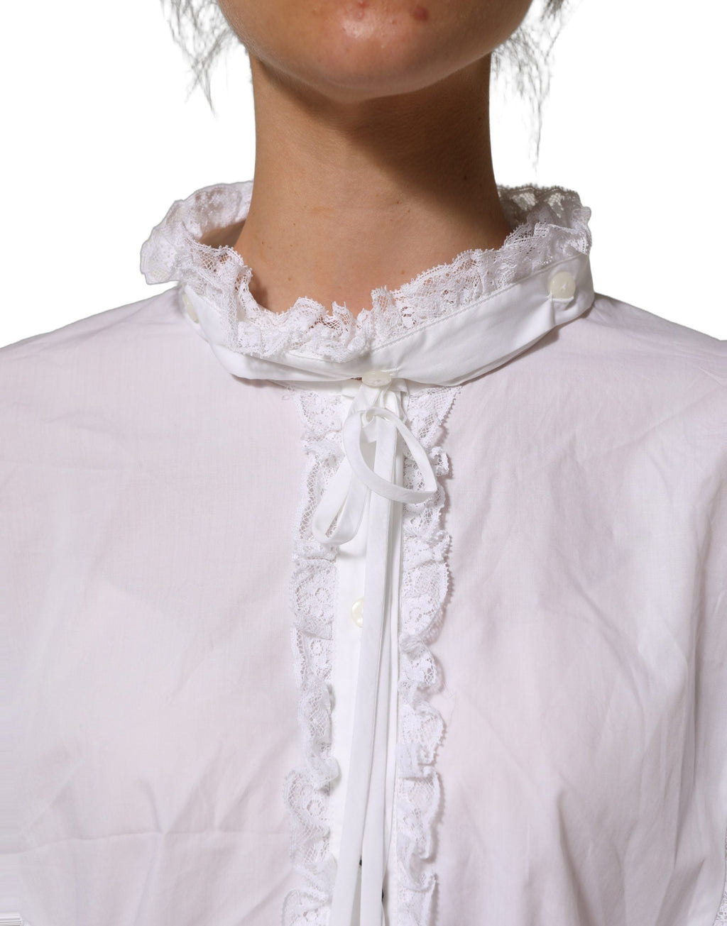 Dolce & Gabbana White Ruffled Lace Embellished Blouse Top