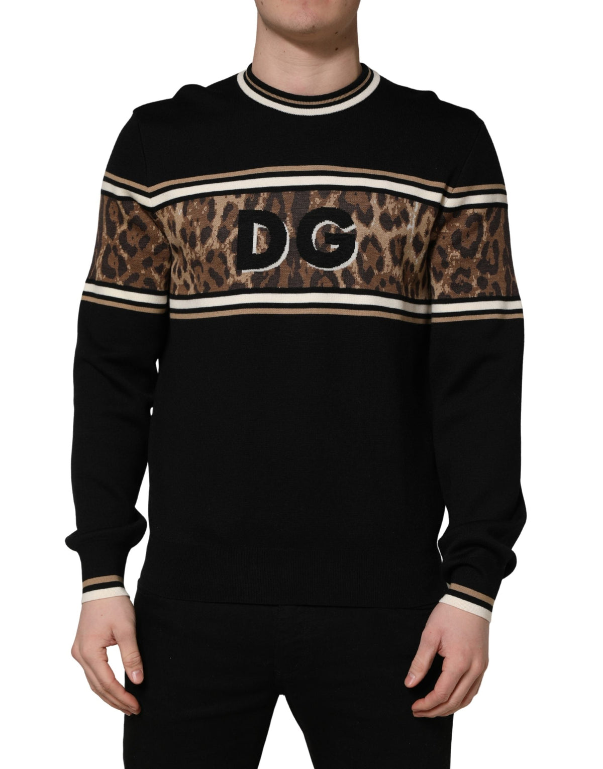 Dolce & Gabbana Black Leopard Wool Crew Neck Men Pullover Sweater