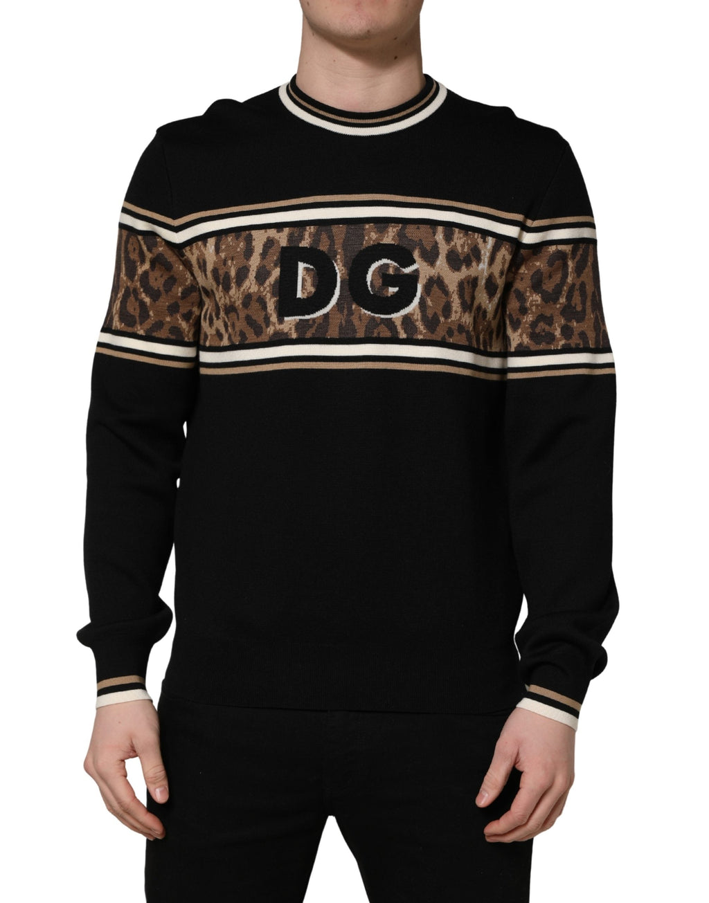 Dolce & Gabbana Black Leopard Wool Crew Neck Men Pullover Sweater