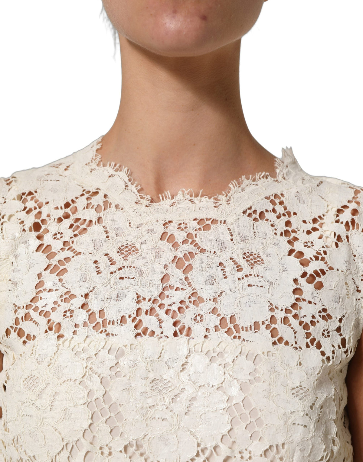 Dolce & Gabbana White Cotton Corded Lace Sleeveless Midi Dress