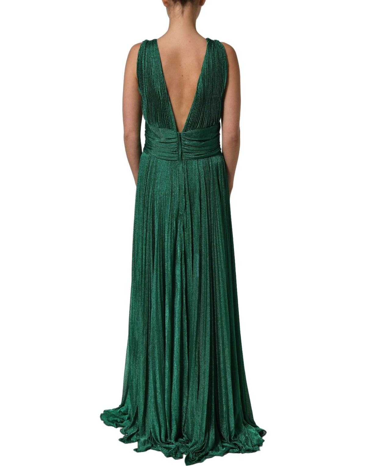 Dolce & Gabbana Metallic Green Sleeveless Plissé Gown Dress