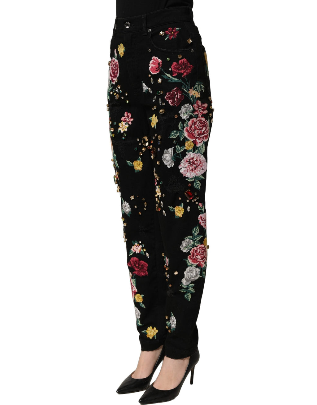 Dolce & Gabbana Black Floral Cotton High Waist Tapered Pants