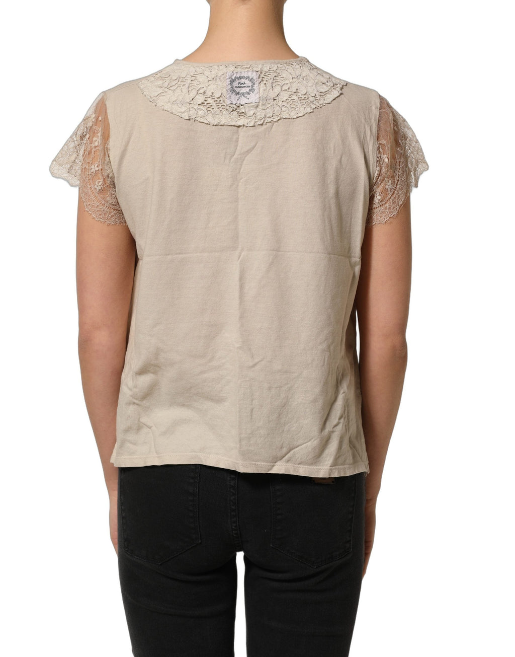 PINK MEMORIES Beige Cotton Lace Detailing Round Neck Top