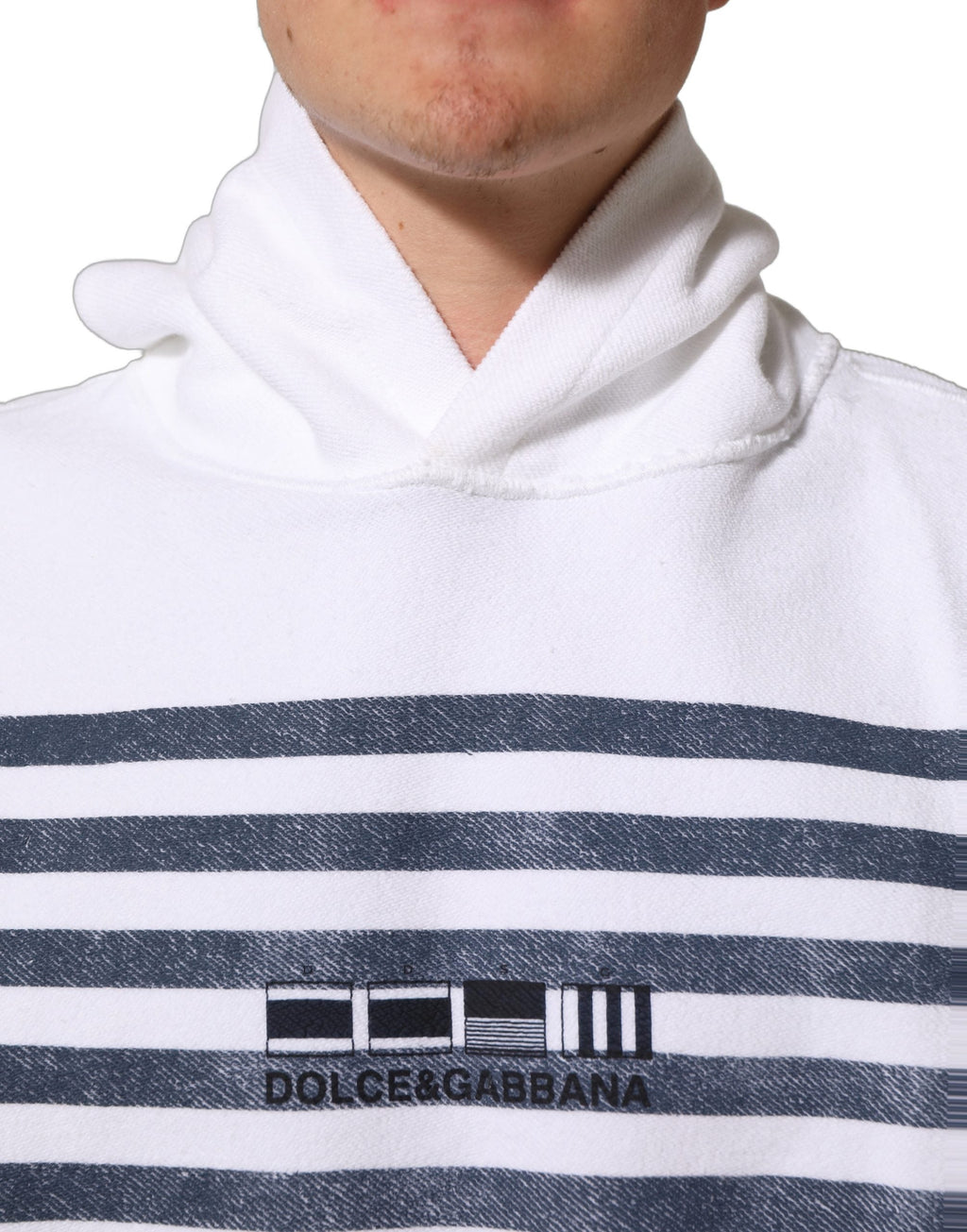 Dolce & Gabbana White Blue Stripe Hooded Sweatshirt Sweater