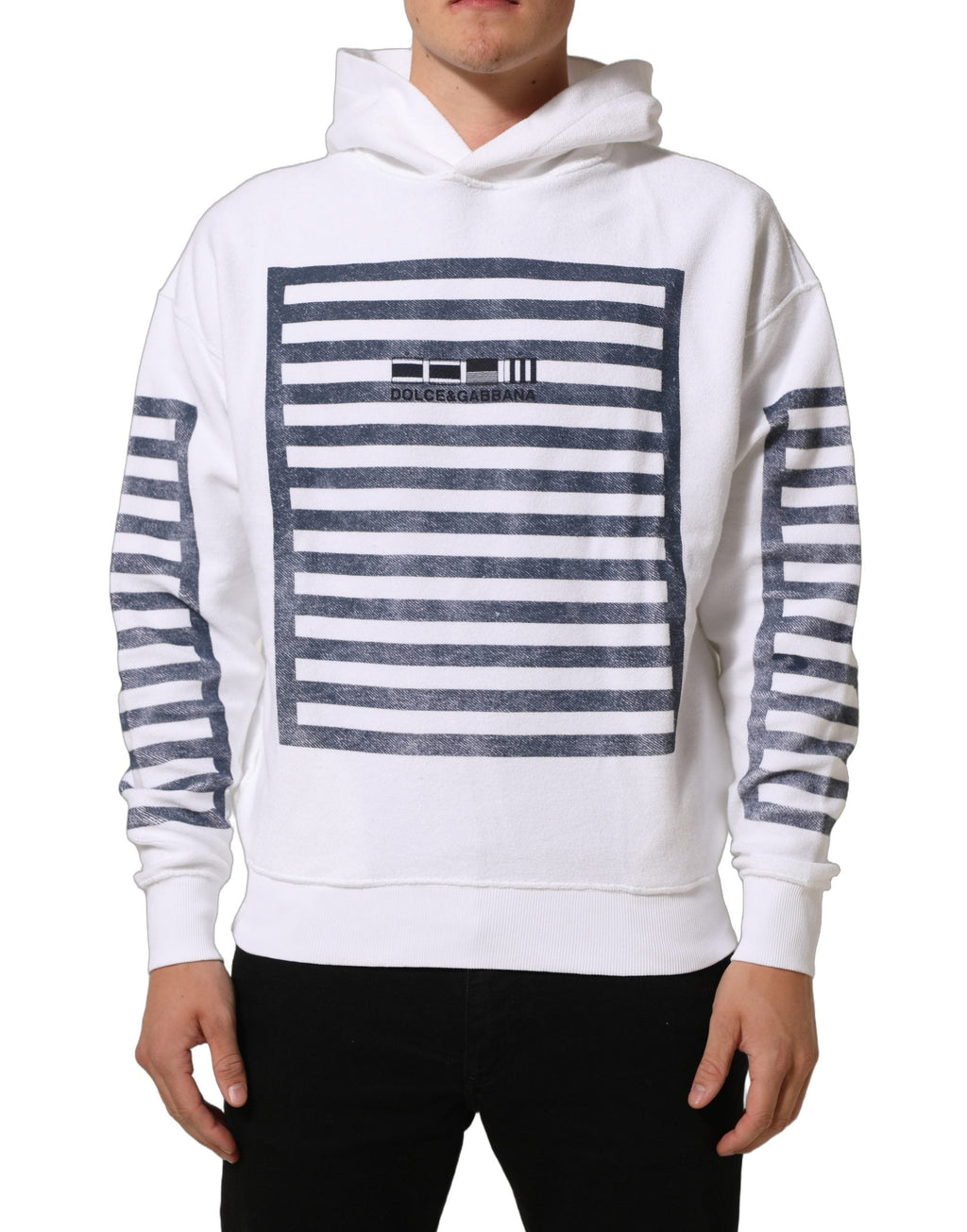Dolce & Gabbana White Blue Stripe Hooded Sweatshirt Sweater